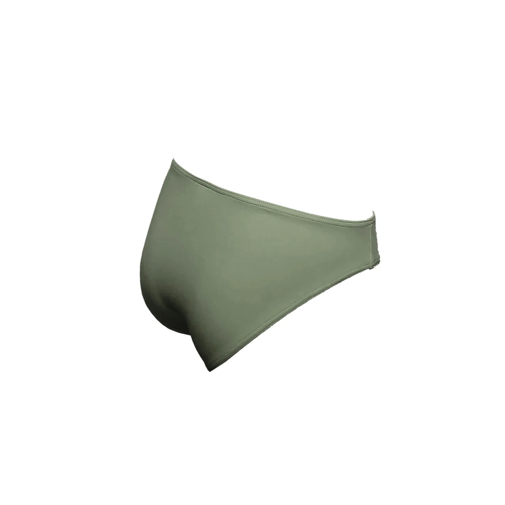 Olive green wide bikini bottom by Paupa, front view