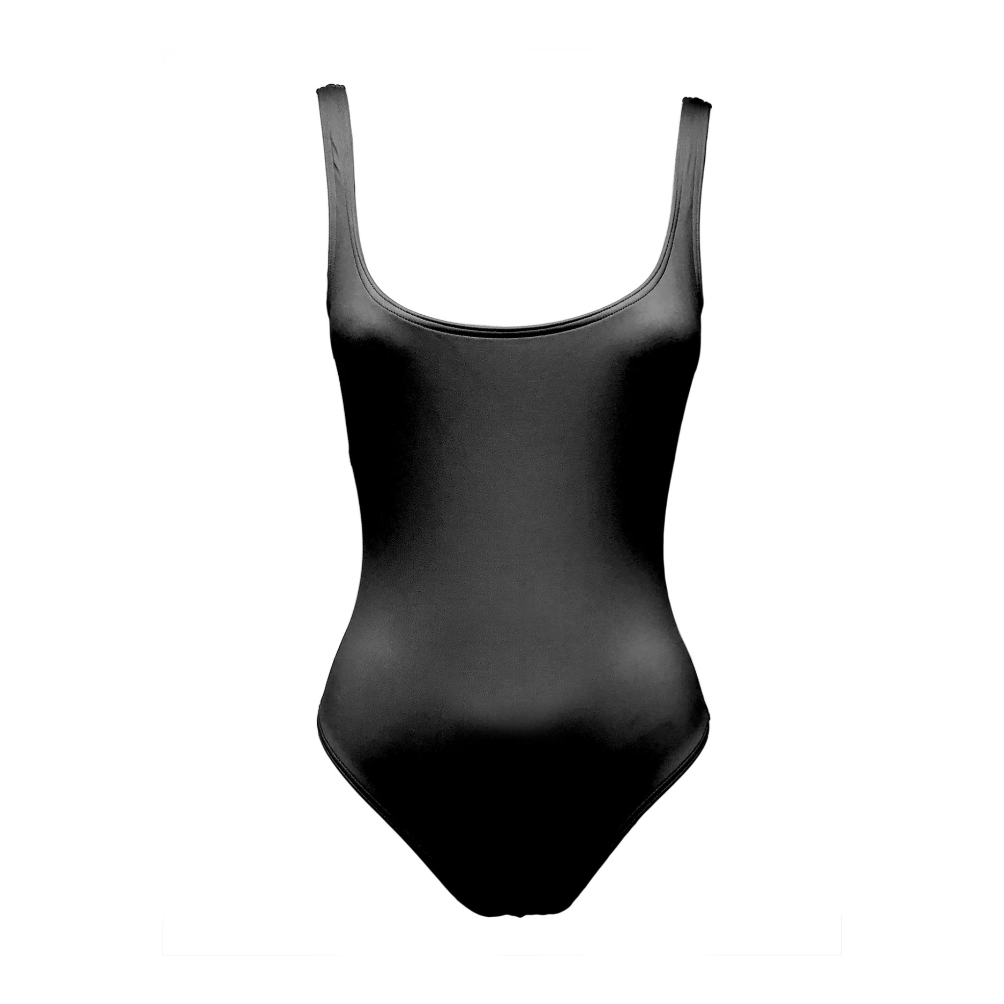 Black low-cut swimsuit by Paupa, front view