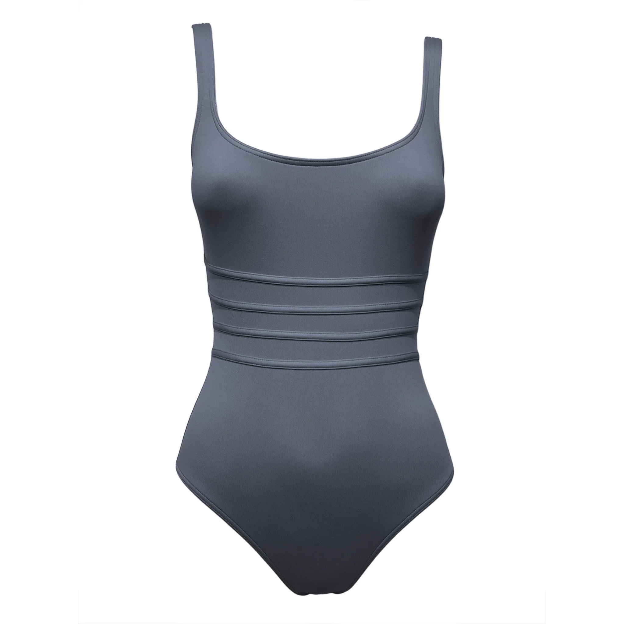 Charcoal gray corset swimsuit by Paupa, front view