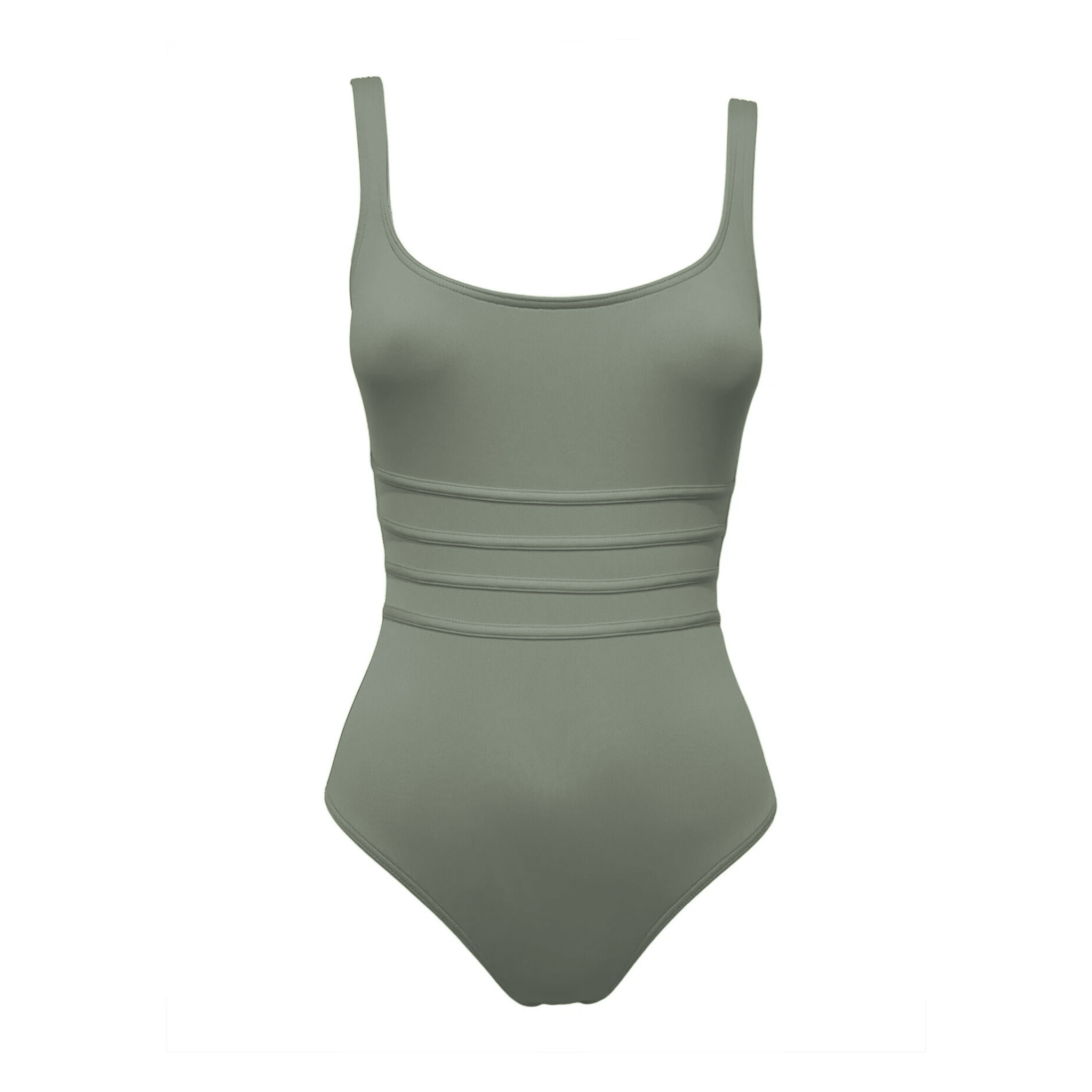 Olive green corset swimsuit by Paupa, front view
