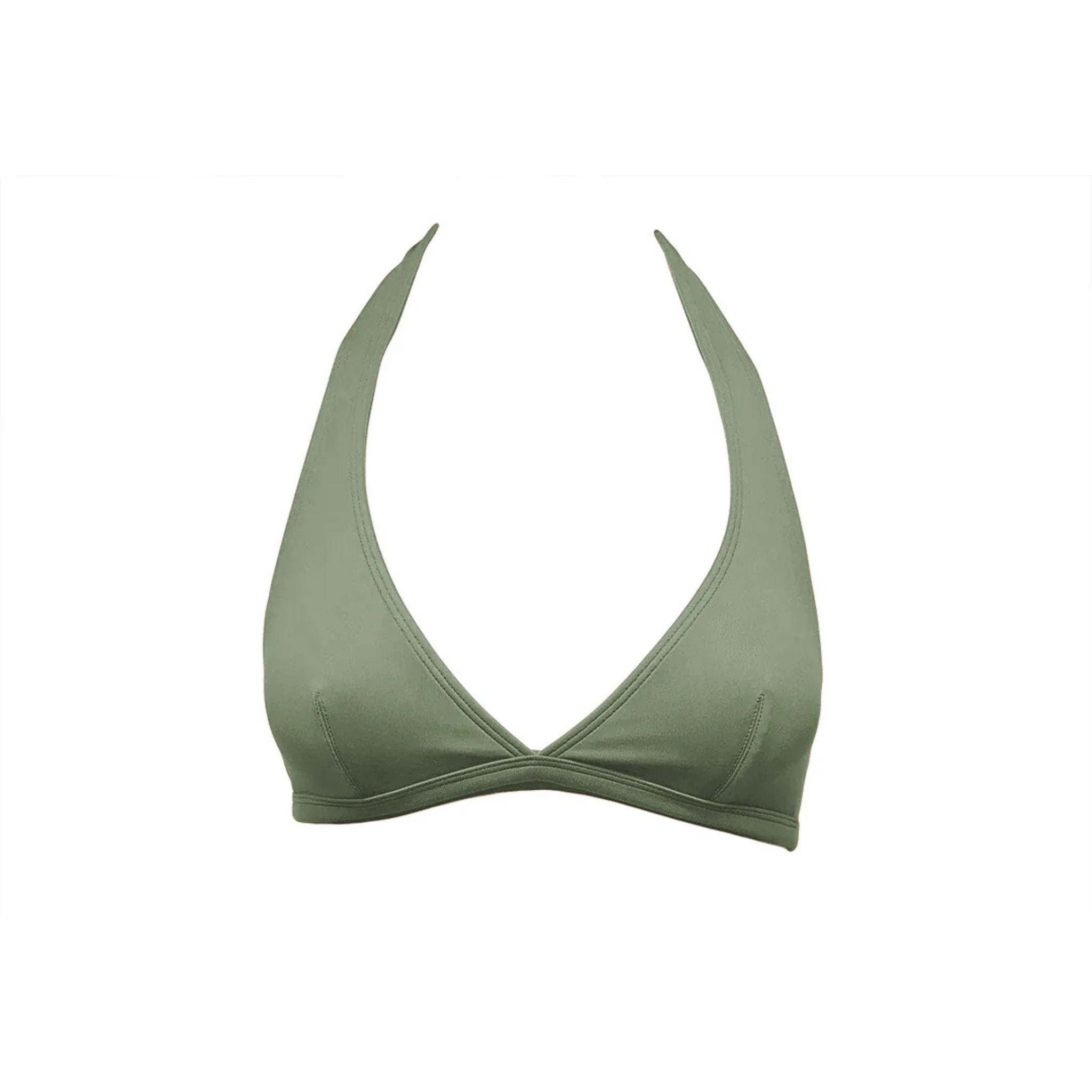Olive green halter bikini top by Paupa, front view