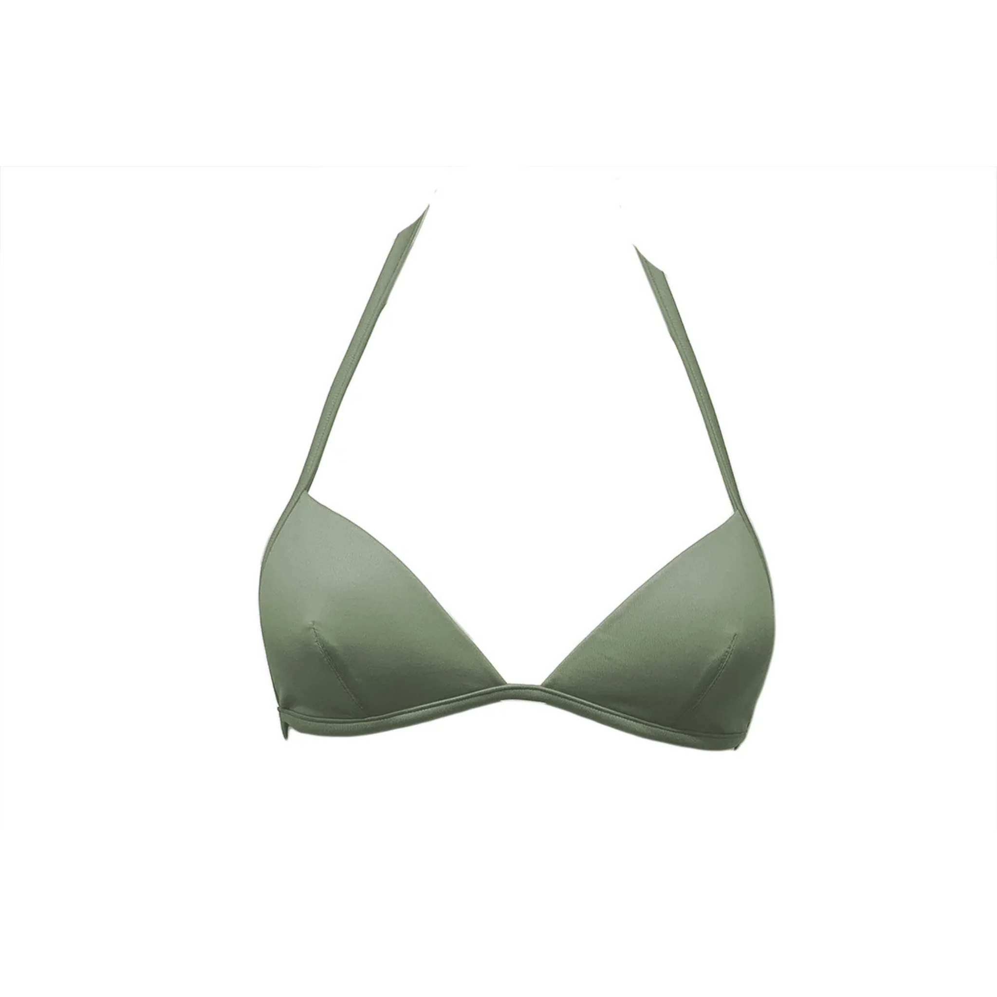 Olive green triangle bikini top with foam by Paupa, front view