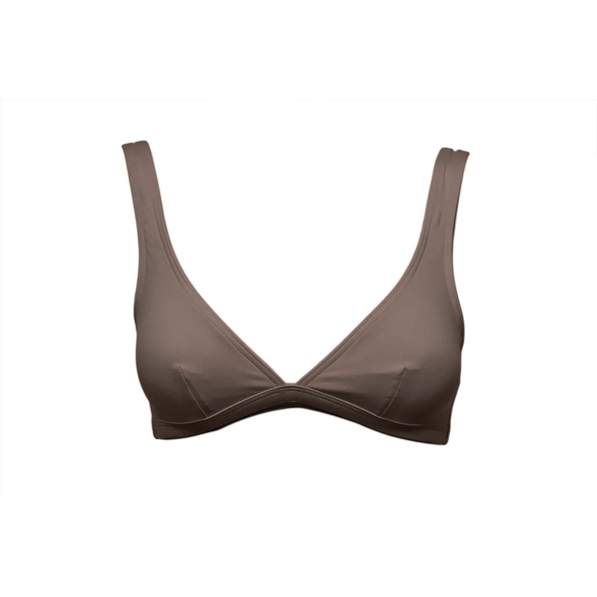 Brown v-neck bikini top by Paupa, front view