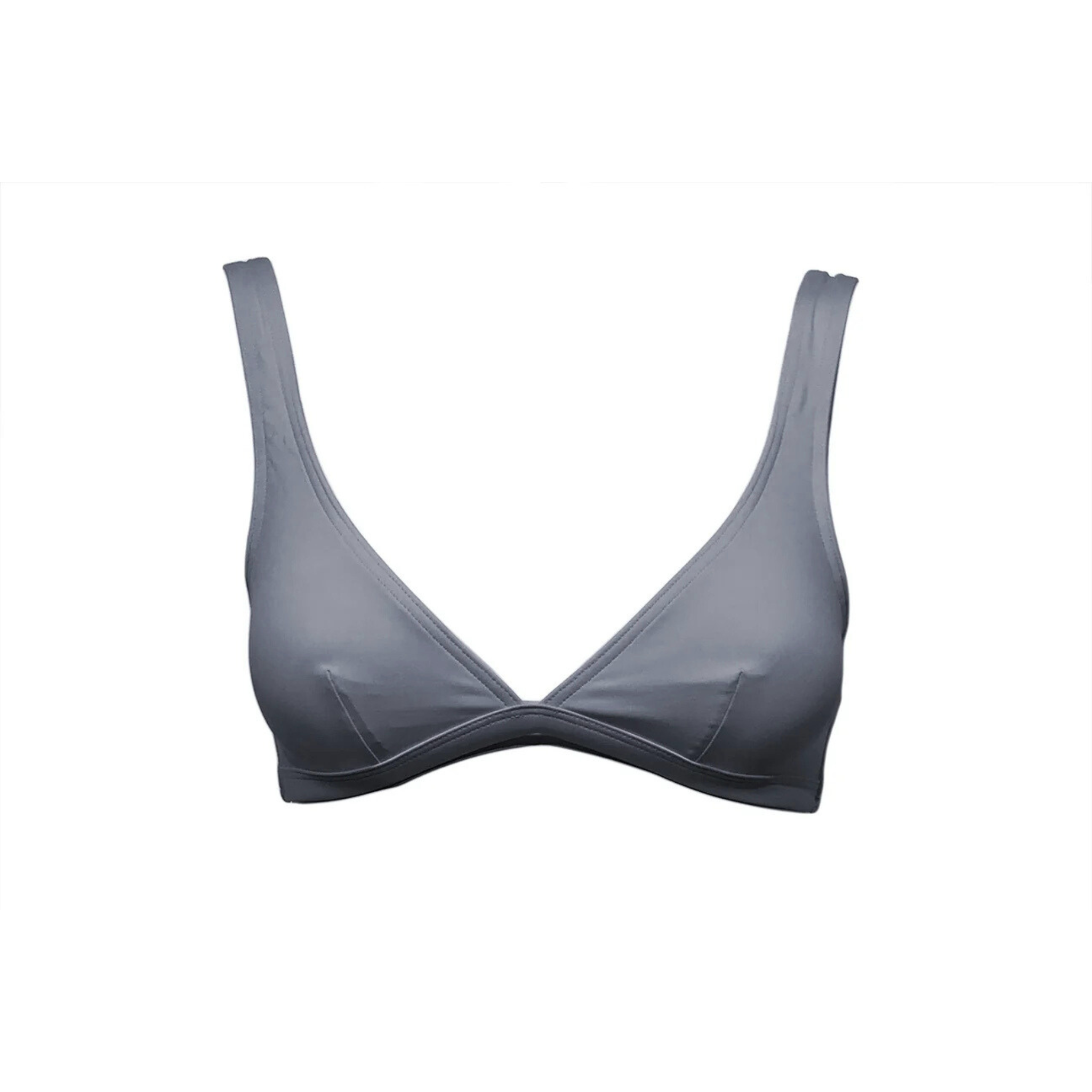 Gray v-neck bikini top by Paupa, front view